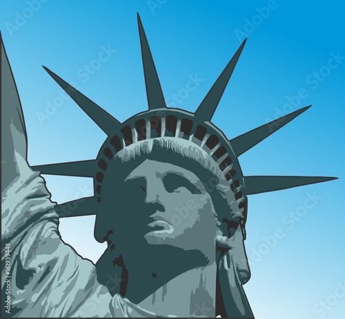 Statue of liberty close up portrait vector illustration with bronze patina and gradient blue background