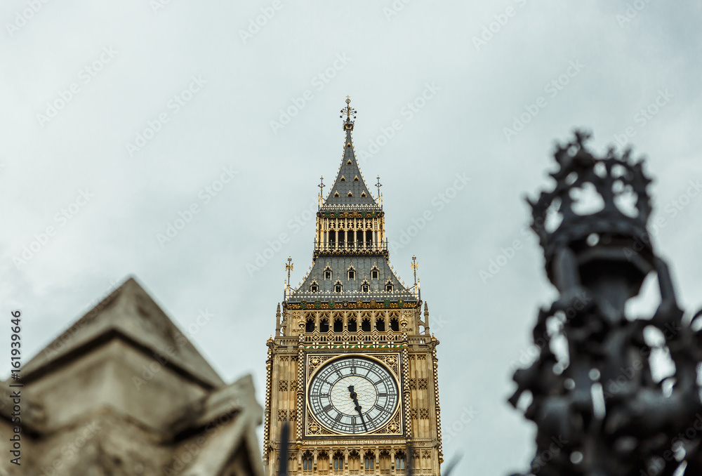 View of the Big Ben tower in London on a slightly cloudy day, London