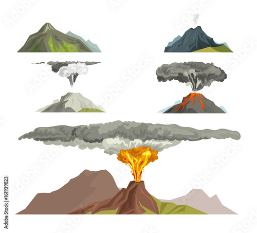 Volcano magma nature blowing up with smoke volcanic eruption lava mountain vector illustration