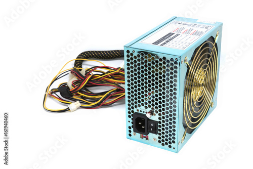 500W Power supply unit with cable and switch I O, green color for full ATX Tower case PC have big fan for cool ioslated on white background photo