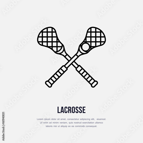 Lacrosse vector line icon. Ball and sticks logo, equipment sign. Sport competition illustration.