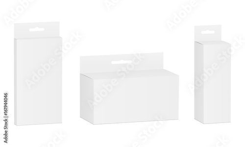 Set of package rectangular boxes mockups with hanger - thin, small, long. Vector illustration