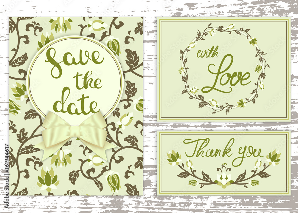 Vector wedding invitations set with floral ornament. Romantic tender floral design for wedding invitation