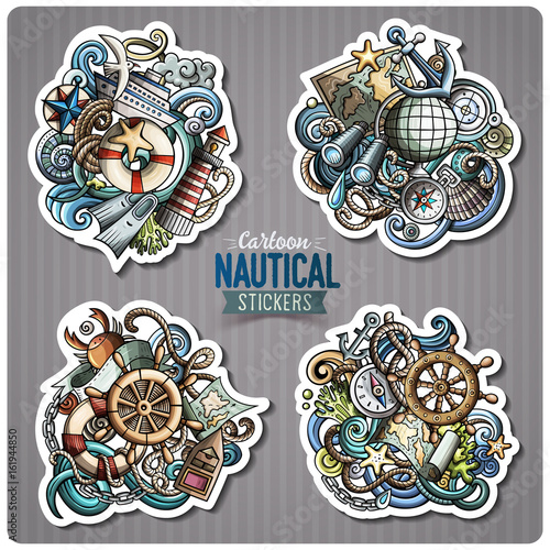 Set of Nautical doodle cartoon stickers