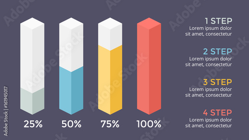 Vector percents status infographic, growth diagram chart, performance graph presentation. Business progress concept with 4 options, parts, steps, processes. 16x9 dark slide template.