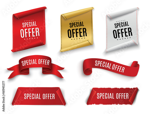 Special offer vector ribbon.Red scroll. Banner sale tag. Market special offer discount