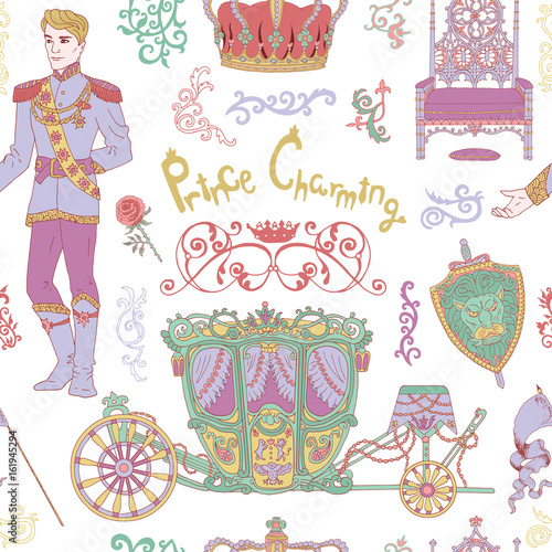 Seamless colorful background with prince and royal accessories on white