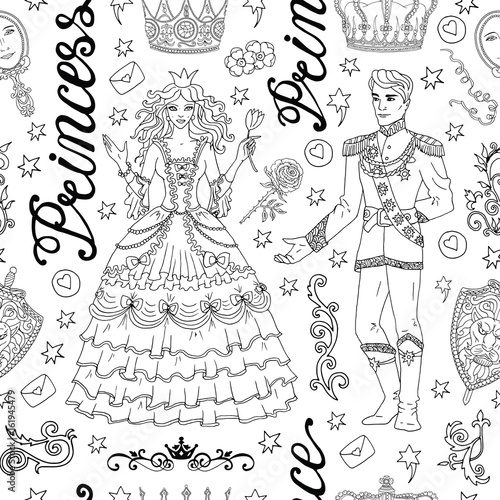 Black and white seamless background with prince and princess concept