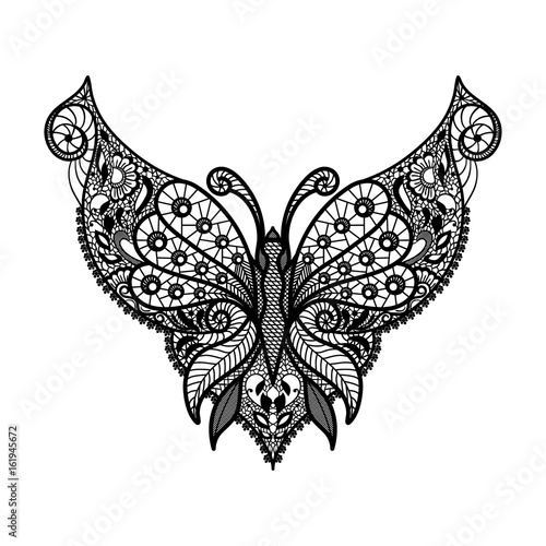 Vector lace neckline. Neck print with butterfly shape and floral ornament