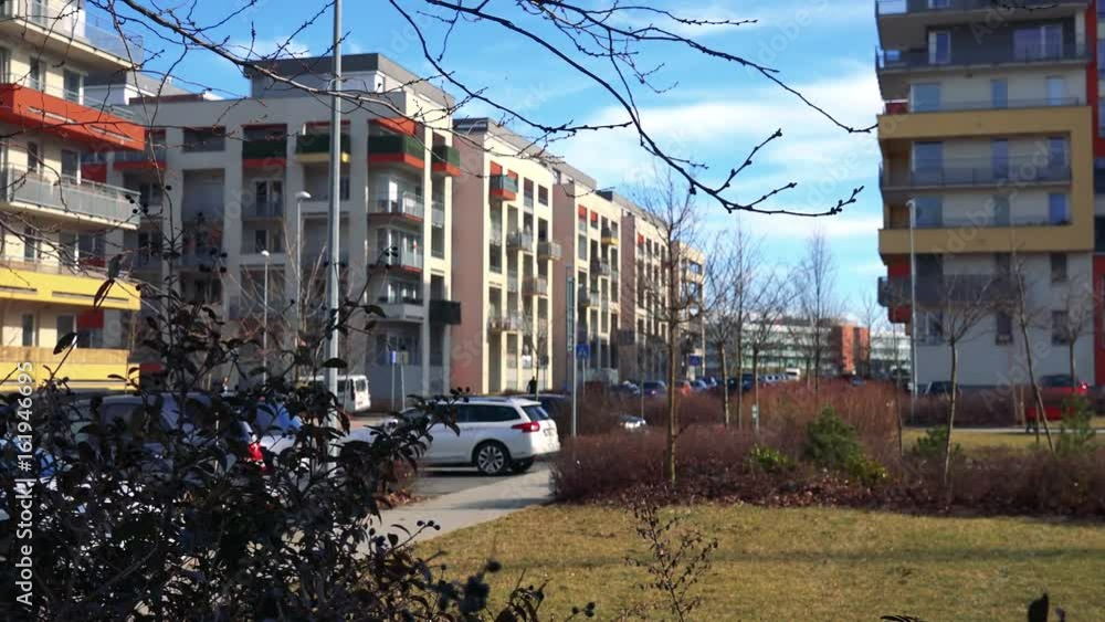 modern housing estate with parked cars (high-rise block of flats) - focus on bush modern housing estate with parked cars (high-rise block of flats) - focus on bush