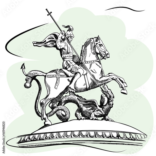 Sculpture of Saint George slaying the dragon. Manezhnaya Square in Moscow Russia. Sketch