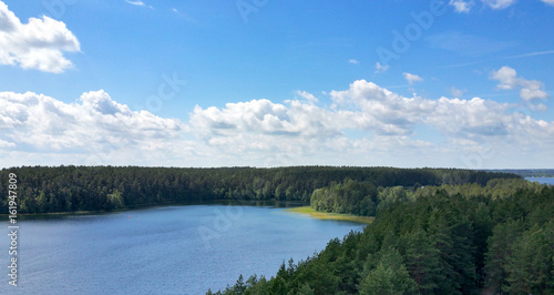 Picturesque view on the lake and forest at evening time just before the sunset. Sky and clouds reflected in water surface.Beautiful natural landscape. Panoramic view. The land of lakes. Europe.