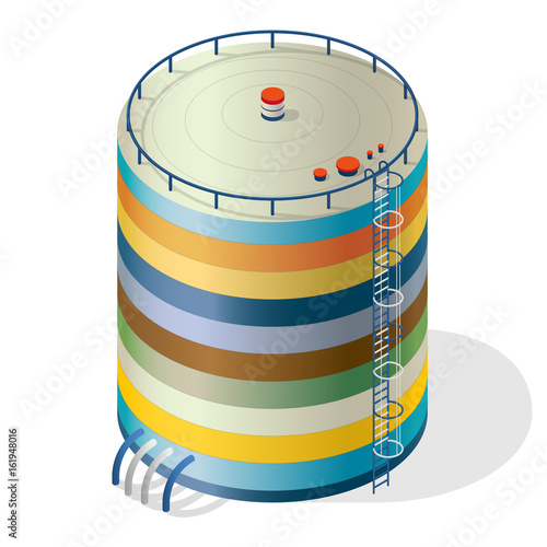 Funny variegated water reservoir isometric building infographic. Multicoloured water reservoir. Colourful water supply resource. Pictogram industrial chemistry cleaner set. Isolated master vector icon