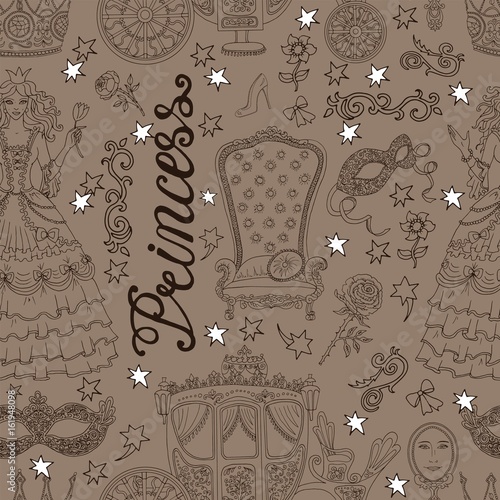 Vintage seamless background with princess and royal accessories