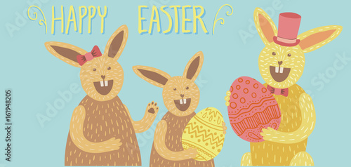 Happy Easter card with bunny family and eggs