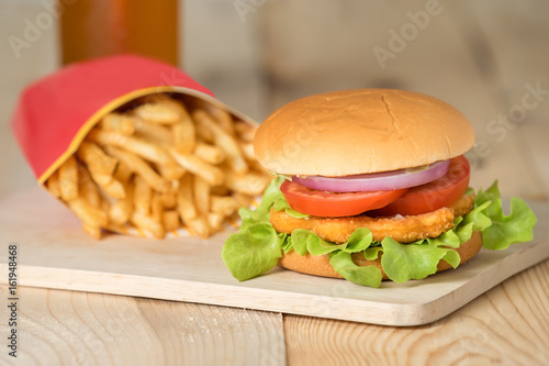 Fast food set hamburger and french fries.