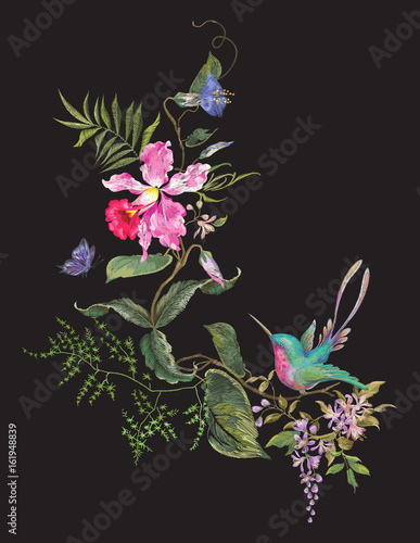 Embroidery fashion pattern with hummingbird, orchids and butterfly.