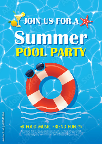 Pool party invitation poster with blue water. Vector summer background.