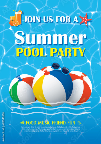 Pool party invitation poster with blue water. Vector summer background.