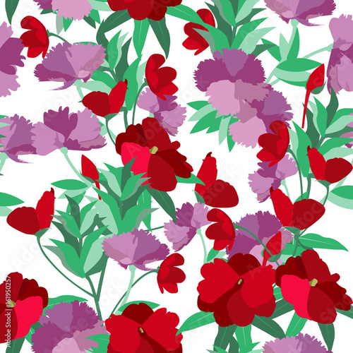 The flower summer with carnation and red flower. Flower seamless  pattern and background. Vector illustration.