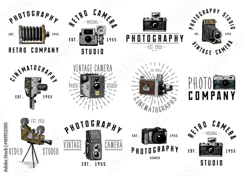 photo logo emblem or label, video, film, movie camera from first till now vintage, engraved hand drawn in sketch or wood cut style, old looking retro lens, isolated vector realistic illustration.