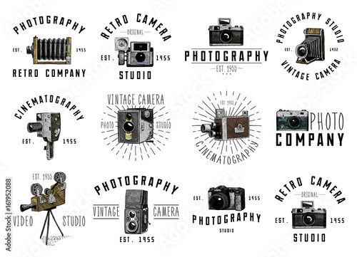 photo logo emblem or label, video, film, movie camera from first till now vintage, engraved hand drawn in sketch or wood cut style, old looking retro lens, isolated vector realistic illustration.