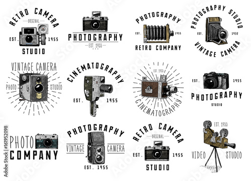 photo logo emblem or label, video, film, movie camera from first till now vintage, engraved hand drawn in sketch or wood cut style, old looking retro lens, isolated vector realistic illustration.