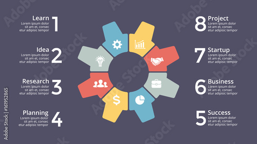Vector circle gear infographic, cycle diagram, mpdel graph, presentation chart. Business system gear concept with 8 options, parts, steps, processes. 16x9 slide.