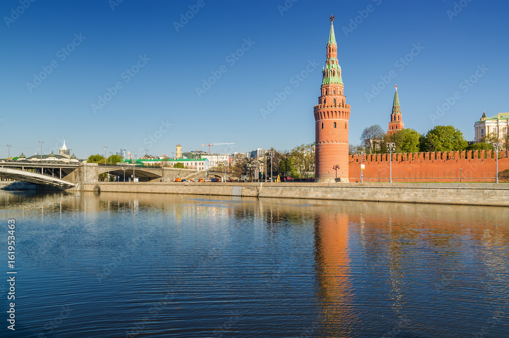 Morning view of  Moskva River, embankments, Kremlin Towers in Moscow, Russia.