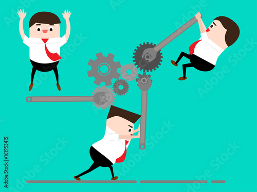 Teamwork concept: Businessman help to tighten bolt with wrench. Work together to get the goal done. Vector illustration.
