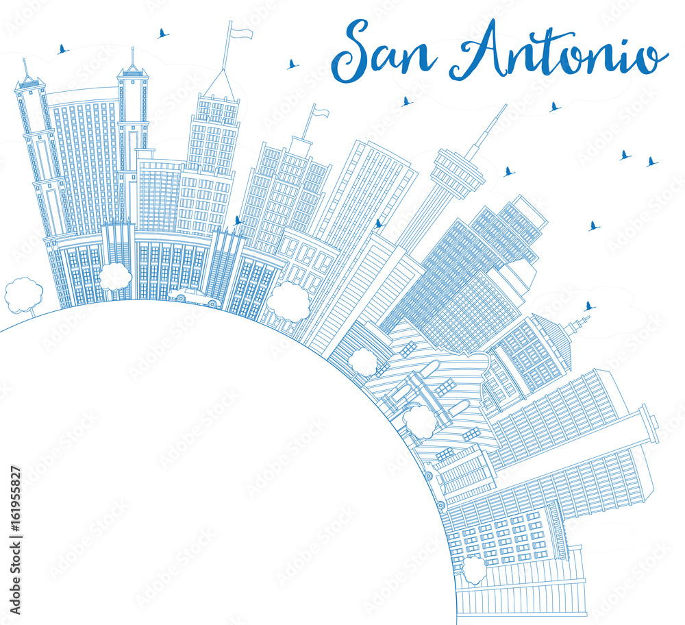 Outline San Antonio Skyline with Blue Buildings and Copy Space.