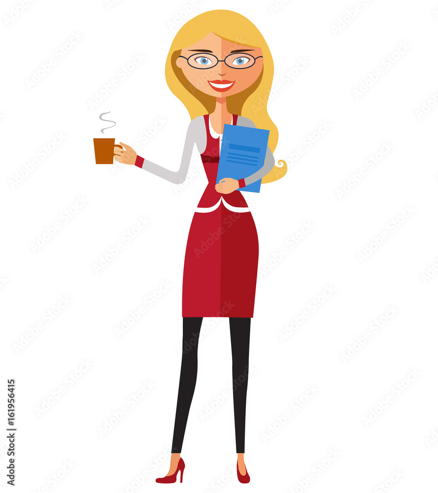Office blonde woman with cup. Vector flat cartoon illustration Office blonde woman with cup. Vector flat cartoon illustration