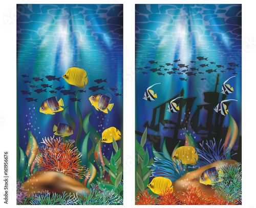Underwater tropical banners with ship , vector illustration