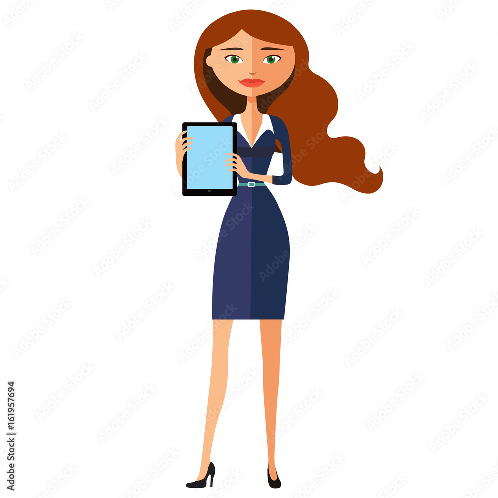 Happy woman character with tablet flat cartoon vector illustration. Happy woman character with tablet flat cartoon vector illustration.