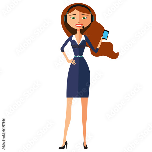 Female call centre operator with headset isolated on white background vector illustration
