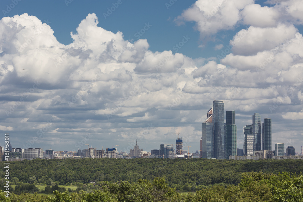 Cloudy sky over Moscow. Aerial view of Moscow-City.