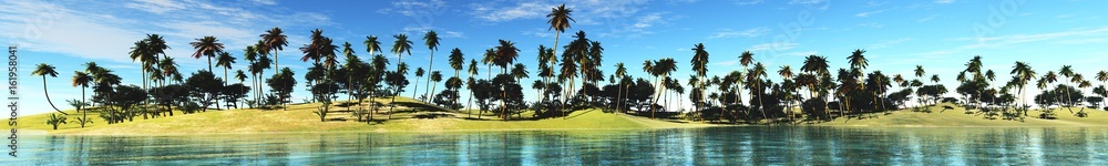 Palms above the water
Panorama of the sea shore with palm trees
Tropical beach