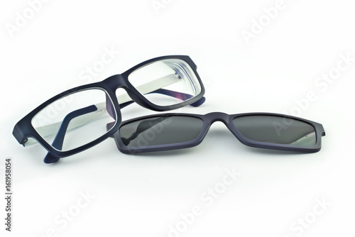  Eyeglasses with a sunblock on the white background