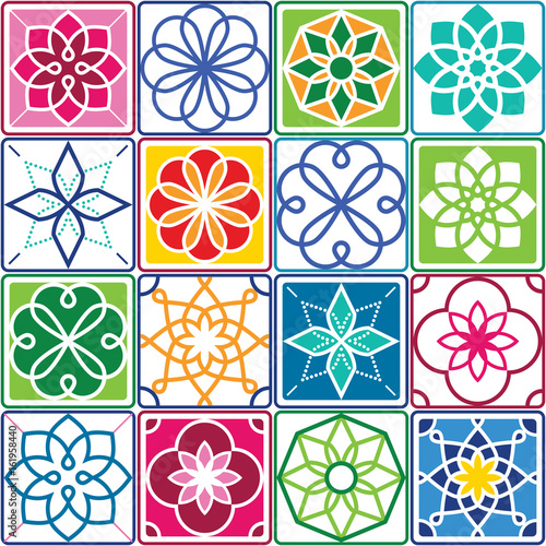 Portuguese tiles pattern - Azulejo, seamless geometric design colorful set
 