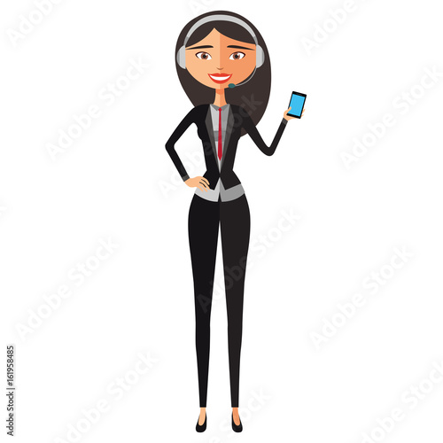 Customer asian service call center operator on duty vector illustration.