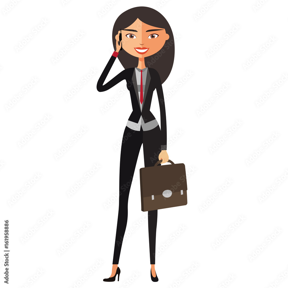 Beautiful business woman talking on the cell phone and smiling vector flat cartoon illustration. Beautiful business woman talking on the cell phone and smiling vector flat cartoon illustration.