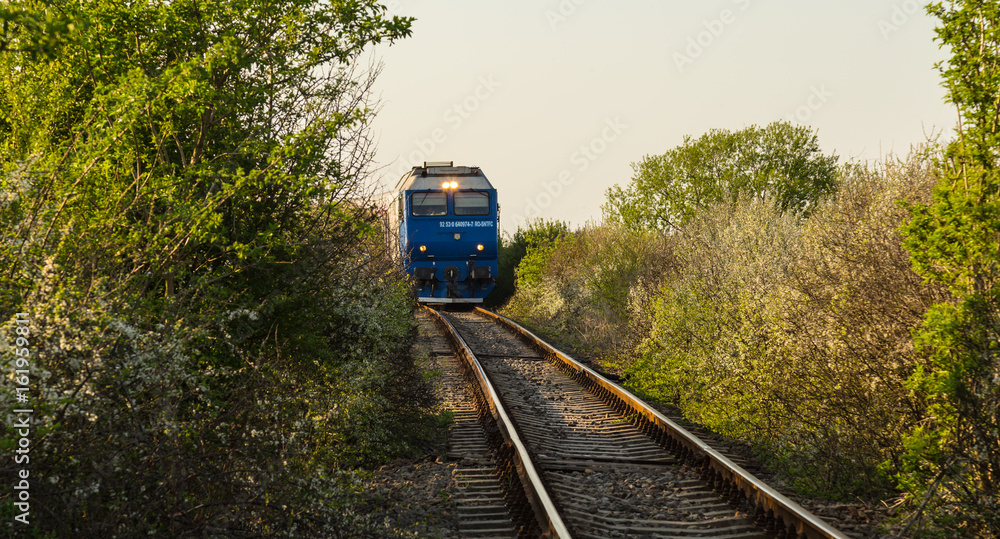 Fototapeta premium Old railroad and train in remote rural area in Europe