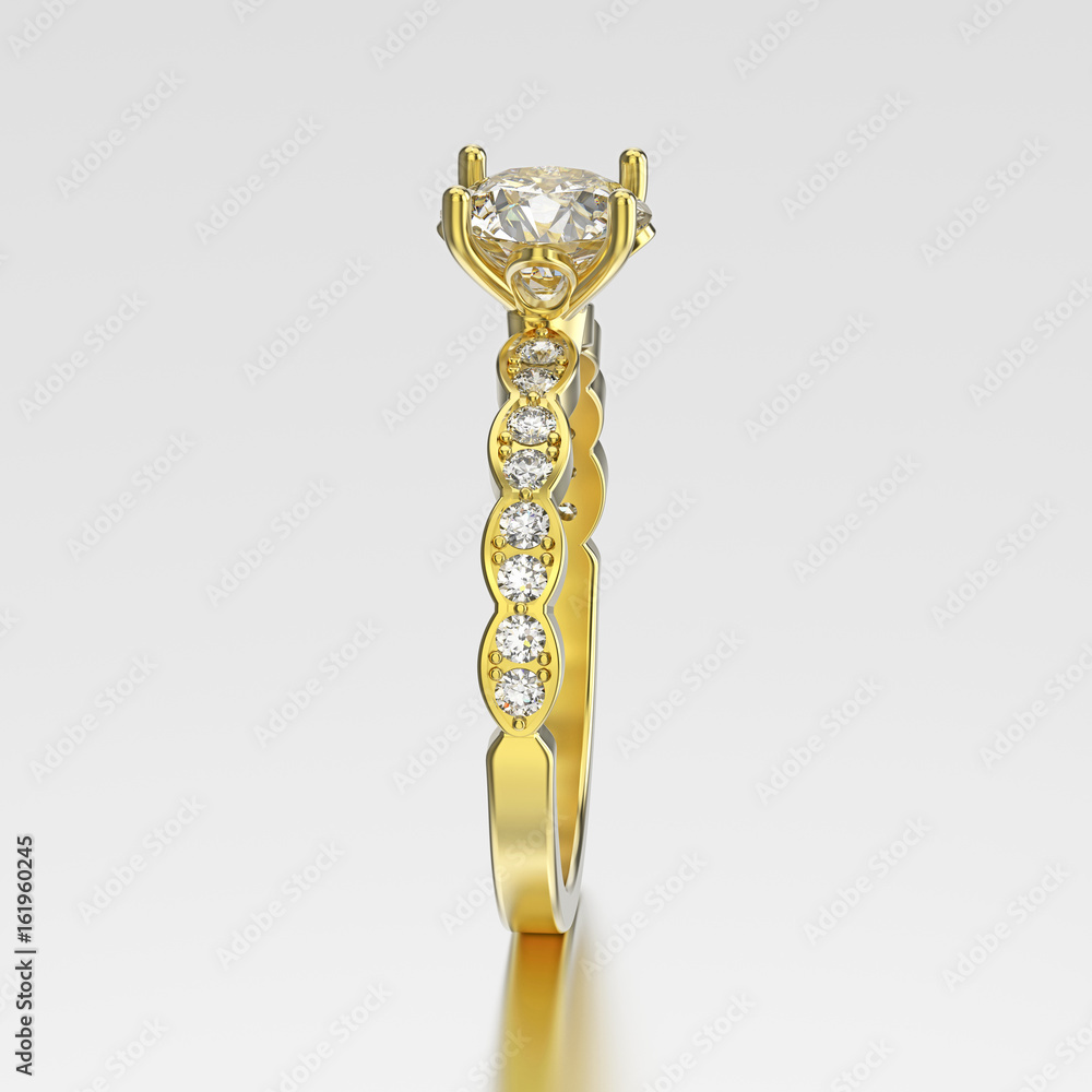 3D illustration yellow gold ring with diamonds with reflection