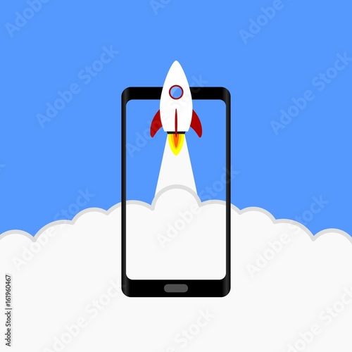 Start up rocket on smart phone screen with clouds