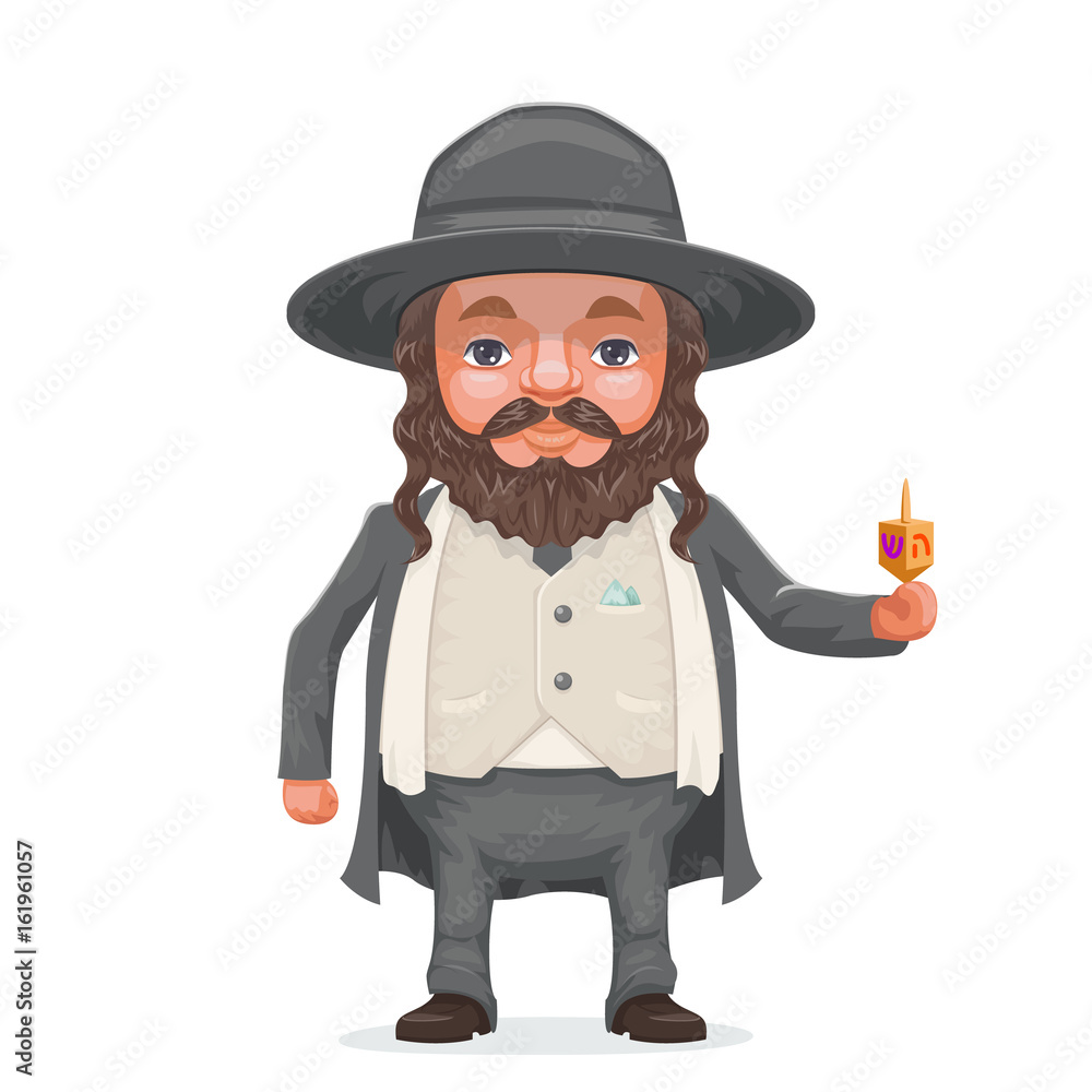Male rabbi payot beard traditional jewish costume hold dreidel in hand cartoon character design vector illustration
