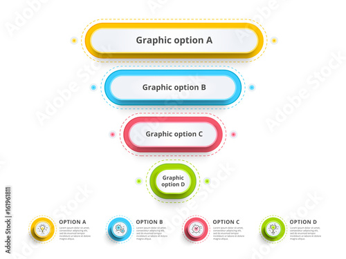 Pyramid 4 step process chart infographics with option circles. Funnel business workflow hierarchy elements. Company presentation slide template. Modern vector info graphic layout design.