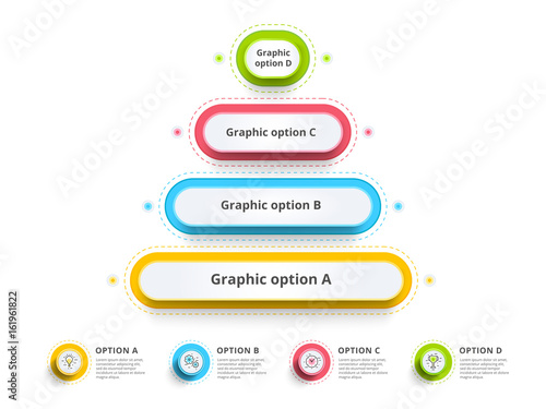 Pyramid 4 step process chart infographics with option circles. Funnel business workflow hierarchy elements. Company presentation slide template. Modern vector info graphic layout design.