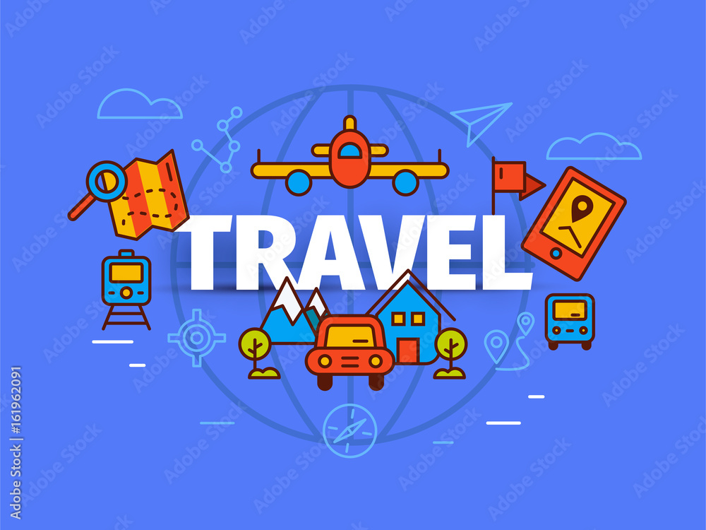 Travel concept in flat solid line design. Map markers and transportation elements as metaphor for tourism or vacation trip. Vector illustration background. Travel concept in flat solid line design. Map markers and transportation elements as metaphor for tourism or vacation trip. Vector illustration background.