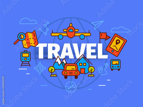 Travel concept in flat solid line design. Map markers and transportation elements as metaphor for tourism or vacation trip. Vector illustration background.
