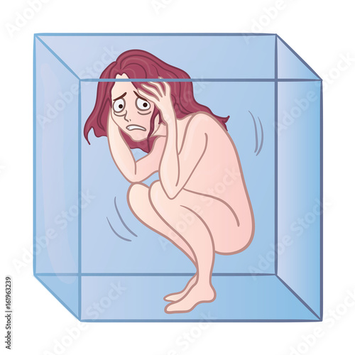 Frightened naked Man in a glass box. Claustrophobia, fear of closed spaces. Vector illustration, isolated on white background.